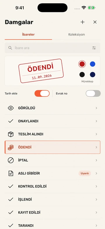Kaşeİmza: Damga ibareleri ekranı